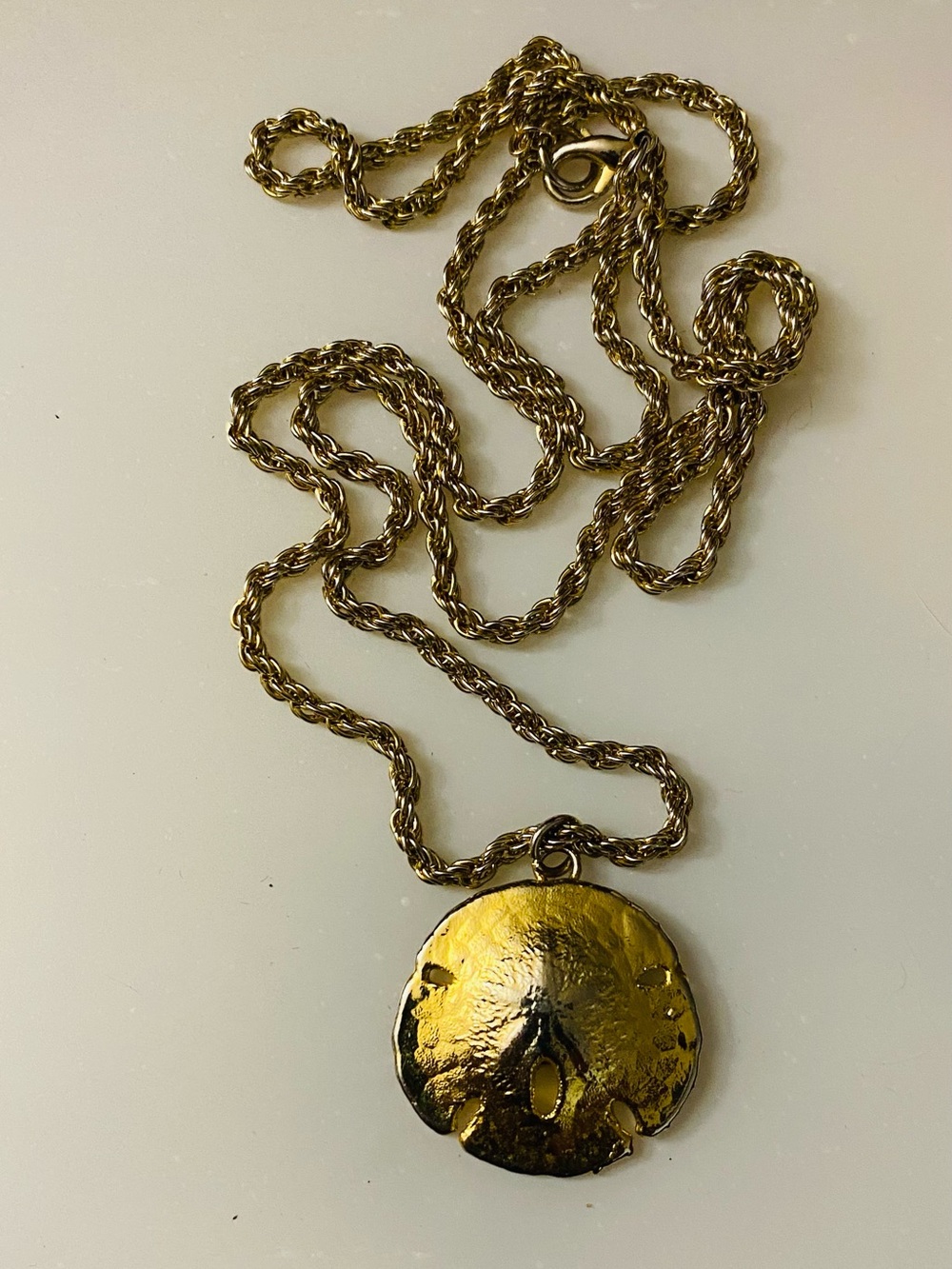 Vintage Sand Dollar Gold-Tone Necklace with long chain.